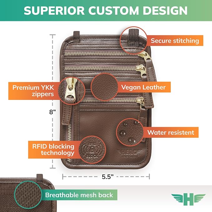HERO Neck Wallet - RFID Blocking Passport Holder, Easy to Conceal Travel Pouch (Vegan Leather Brown) - Image 3