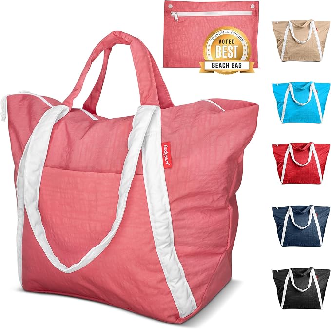 Bodysurf Beach Bag Waterproof Sandproof, Foldable Packable Travel Zip Tote | Pool, boat and swim bag for men and women, XL and medium, 6 colors, zip-top, front pocket, inner wet pouch, recycled nylon by Bodysurf