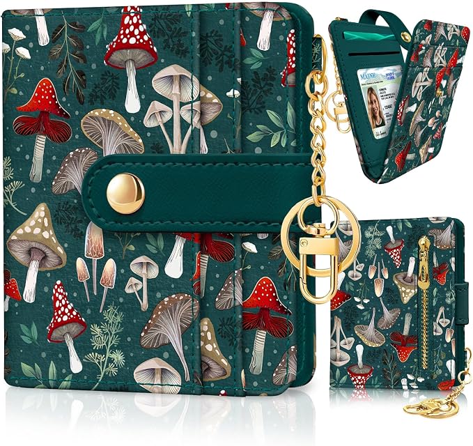 Jogjam Mushroom Green Rfid Women Wallet, Small Slim Thin Credit Card Holder | PU Leather Bifold Cash Zipper Coin Pocket ID Window, for Female Ladies Teen Girls Girly Gifts by Jogjam