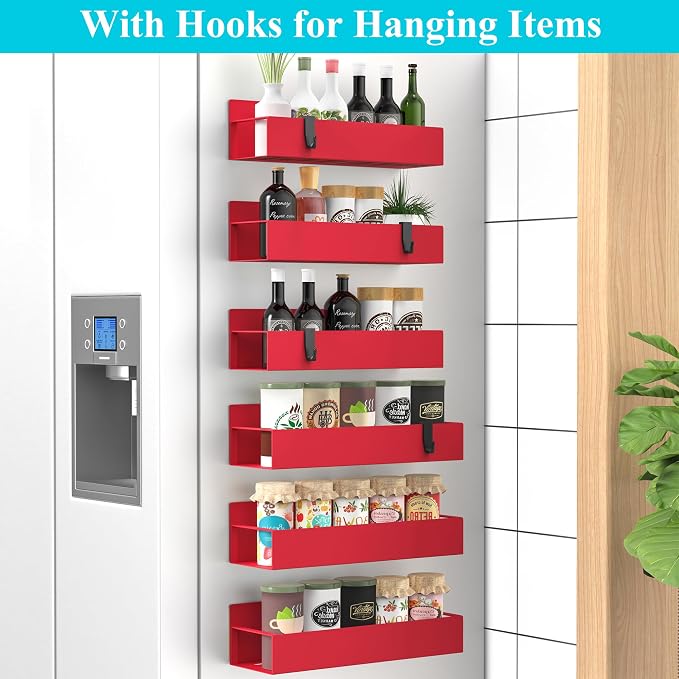 HuggieGems Metal Magnetic Spice Rack for Refrigerator Red, 6 Pack | Magnetic Shelves Heavy Duty for Fridge in Kitchen, Seasoning Storage Organizer, For Oven Washer and Dryer, For Heavier Items - Image 2