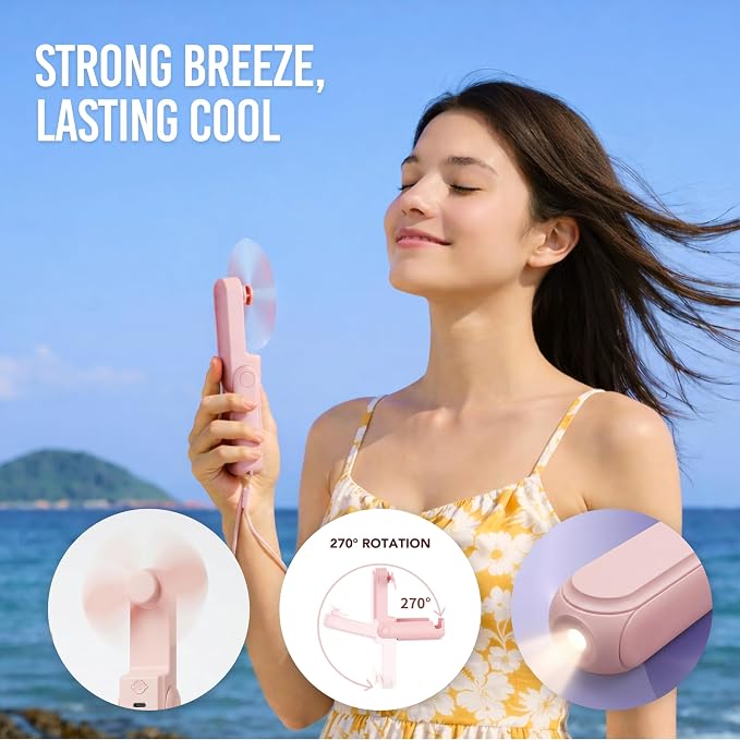3-in-1 Portable Handheld Fan with Mirror & Flashlight - Mini Personal Fan, 22H Cooling, USB Rechargeable Travel Fan for Women, Makeup, Concerts & Summer (Pink) - Image 2