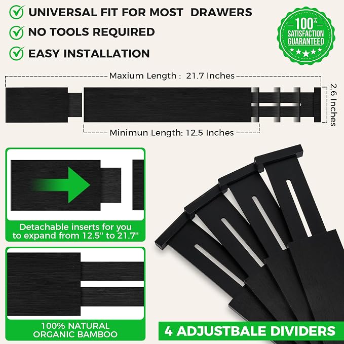 4 Pack Bamboo Drawer Dividers Organizer with Inserts 2.6'' High | Expandable from 12.5-21.7", Adjustable Drawer Organizer Separators for Utensils, Clothing, Office, Dresser, Bedroom, (Black) - Image 3
