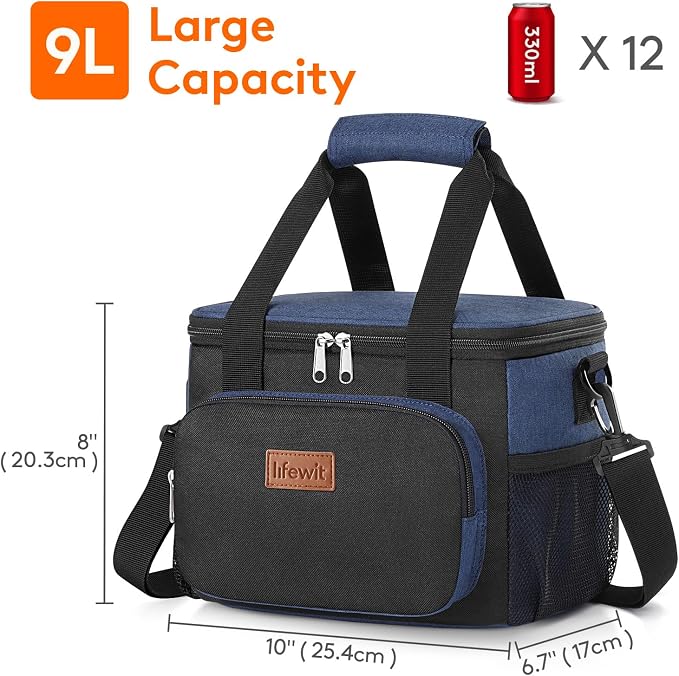 Lifewit Medium Lunch Bag, Insulated Lunch Box, Soft Cooler Cooling Tote for Adult Men Women, Black and Green 12-Can (9L) - Image 3