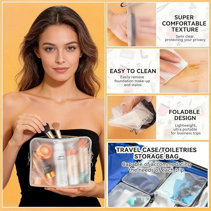Qbily Clear Leak Proof Travel Bags for Toiletries 3 Pack, Super Soft Waterproof Leak Proof BPA Free, Semi-Clear Toiletry Cosmetic Makeup Bags for Travel, Approved Travel Toiletry Bag With Zipper - Image 3