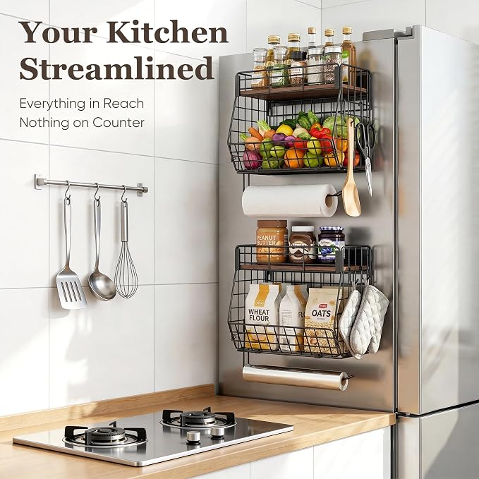 Magnetic Spice Rack for Fridge with Paper Towel Holder 2 Hook, Fruit Basket | Kitchen Storage and Organizer, Full‑Enclosed Magnetic Shelf 33 lbs for Laundry, Pantry, Coffee Bar and RV - Image 6