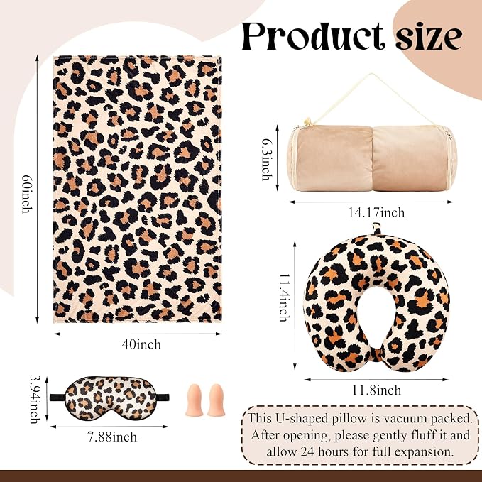 HunnmingRe 5 Pcs Travel Pillow and Blanket Set, 5 in 1 Travel Airplane Compact Includes 40 x 60 Inch Throw Blanket Eye Mask Neck Pillow Earplug and Bag Gifts for Travelers Women(Leopard Print,Brown) - Image 2