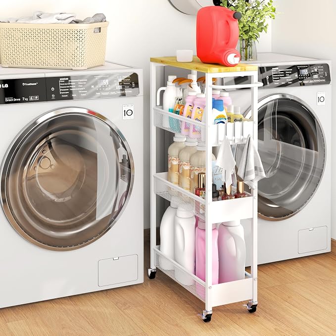 Vincona 7.1" Wide Slim Storage Cart on Wheels, 4 Tier Metal Narrow Rolling Cart with Handle and Wood Top, Multifunctional Small Mobile Shelf Unit Organizer Trolley for Laundry, Bathroom, Kitchen by Vincona