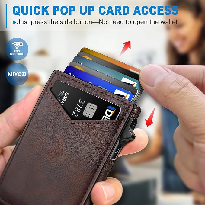 Wallet for Men, Slim Pop Up Card Holder - RFID Blocking Minimalist Bifold Wallet with ID Window, Holds 9-11 Cards & Stretchable Strap, Metal Flip Case with Magnetic Closure, Gift Box - Image 4