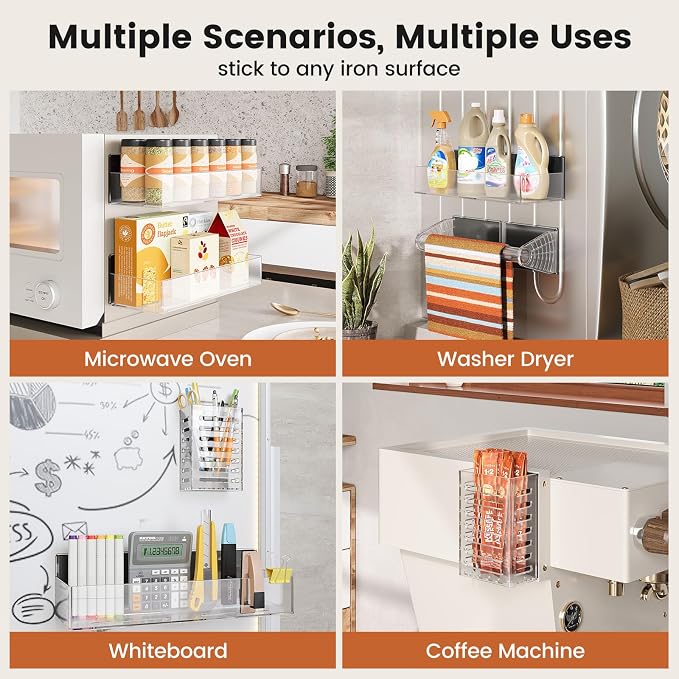 Magnetic Spice Rack for Refrigerator,6 Pack Magnetic Shelf,Fridge Magnet Organizer with Paper Towel Holder,Utensils Racks,Hook Rack,Deepened Basket,Fridge Organizers and Storage Clear(6 Pack) - Image 6