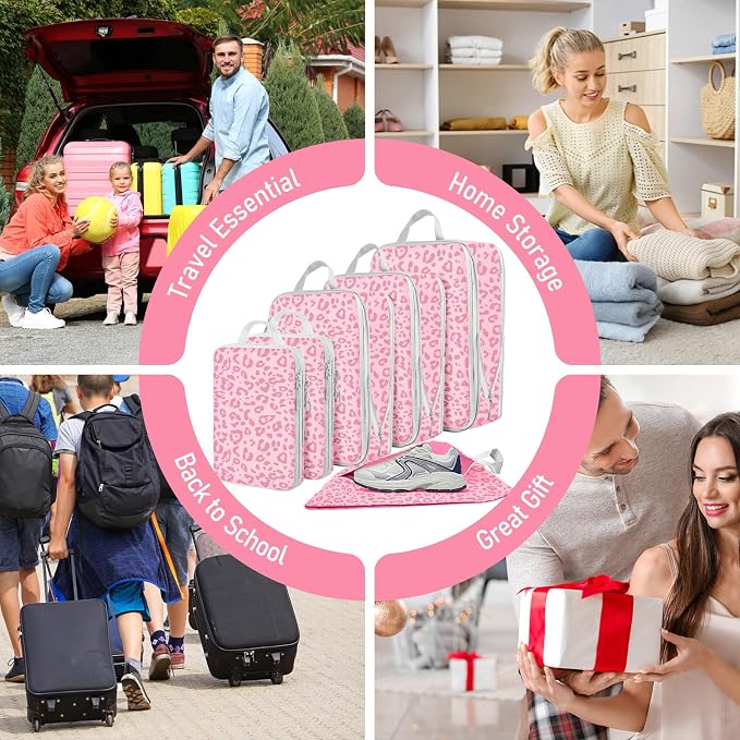 6 Set Compression Packing Cubes, Suitcase Organizer, Lightweight Travel Essentials, Compression Bags For Travel Accessories Luggage Storage Set (6Pcs, Pink Leopard) - Image 7