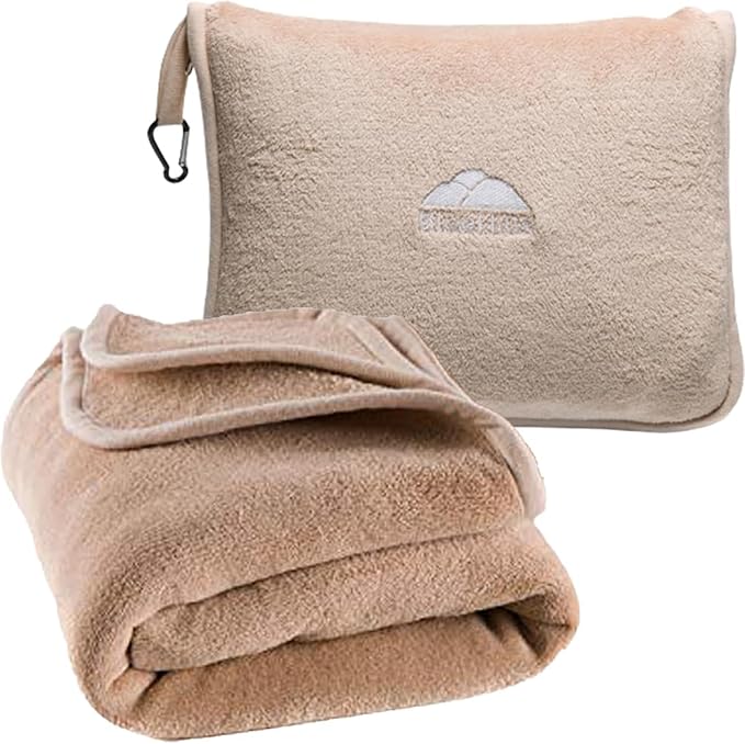 BlueHills Premium Soft Long Travel Blanket Pillow Tall, Airplane - Beige | Tall Travel Blanket Pillow in Bag, Backpack Clip, Ultrasoft Compact & Large, Long Flight Throw, Plane Essential Accessories by BlueHills