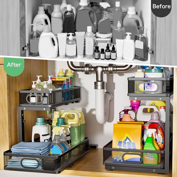 Under Sink Organizer 2 Pack, High Adjustable 2 Tier Under Sink Organizers and Storage, Slide out Metal Cabinet Organizers, Pull out Storage Drawer Shelf for Kitchen Bathroom Cabinet (Black) - Image 3