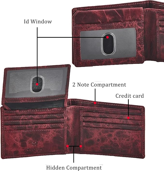 Wallet for Men Slim RFID Blocking Genuine Leather Bifold with 2 ID Windows | Minimalist, Stylish, Gift Box, Carteras Para Hombres, Billfold, Credit Card, Currency Compartment (DISTRESSED, WINE) - Image 2