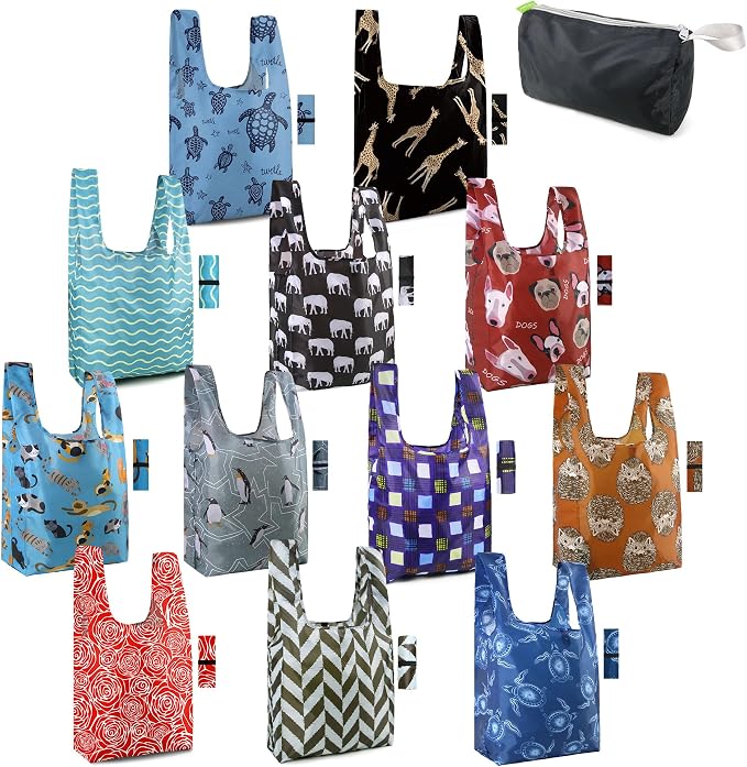 BeeGreen Geometry Reusable Grocery Bags Bulk Gifts 12-Pack - Large Tote with Zipper Pouch | Foldable & Washable Polyester Shopping Bags Heavy Duty Animal Lover Gifts Reusable Bag With Handles by BeeGreen