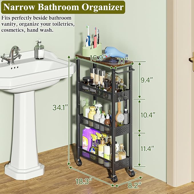 OKZEST 4-Tier Slim Rolling Storage Cart for Kitchen, Laundry Room, Bathroom | Upgraded metal hub casters, Narrow utility cart for small space/gaps, Premium wood top & metal mesh shelf, with handle & hook - Image 7