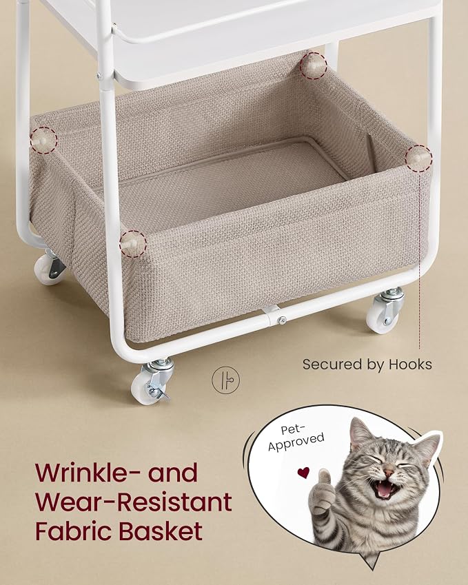 VASAGLE Storage Cart with Fabric Basket, 3-Tier Rolling Utility Cart | Cart with Wheels and Shelves, for Living Room, Bedroom, Kitchen, Cloud White, LILEA Collection ULRC001WB01 - Image 3
