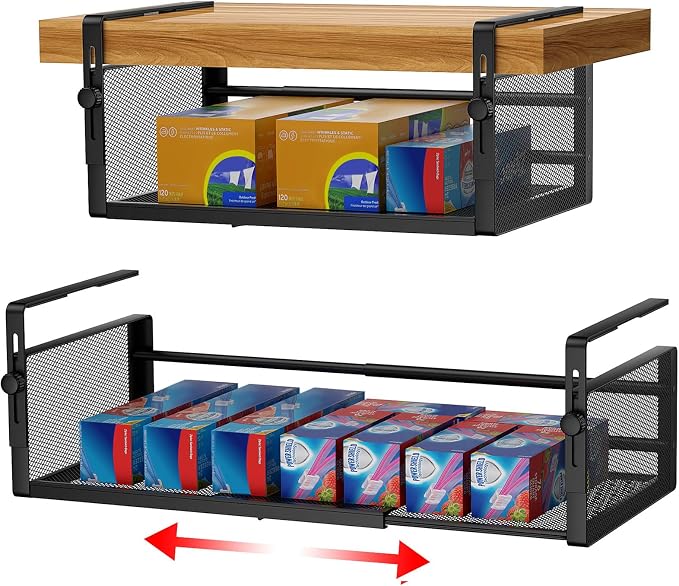AmonHouseware 2Pack Expandable Under Shelf Storage Basket Organizer,Black | Adjustable Hanging,Length Stretchable14.9-22.6Inch,Under Cabinet Shelf for Laundry Room Kitchen Pantry Desk Counter Cupboard by AmonHouseware