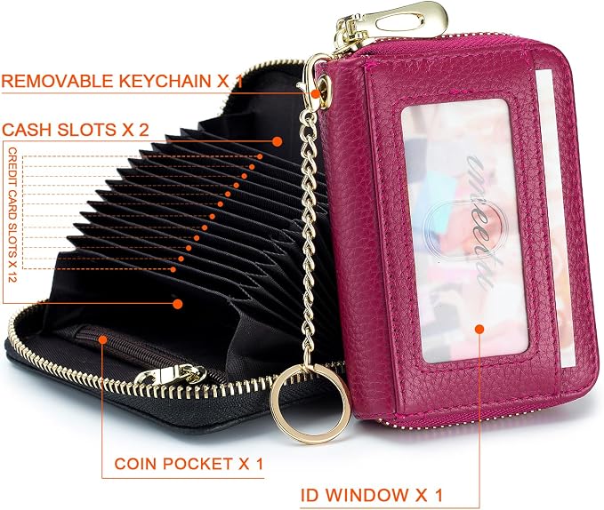 imeetu RFID Credit Card Holder, Small Card Wallet Women, Leather Card Case | Genuine Leather Women's Card & id Cases, Change Coin Purse with Zipper Keychain id Window, 20 Colors & 3 Styles, Daily, Gifts - Image 3
