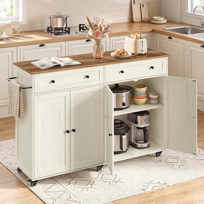 VASAGLE Mobile Kitchen Island with Storage Cabinet for Kitchen, Dining Room | Portable Mobile Cart on Wheels , 15.8 x 53.7 x 35.1 Inches, Rustic White and Honey Brown, SIREN Collection UKKI016WJ01S by VASAGLEbySONGMICSHOME