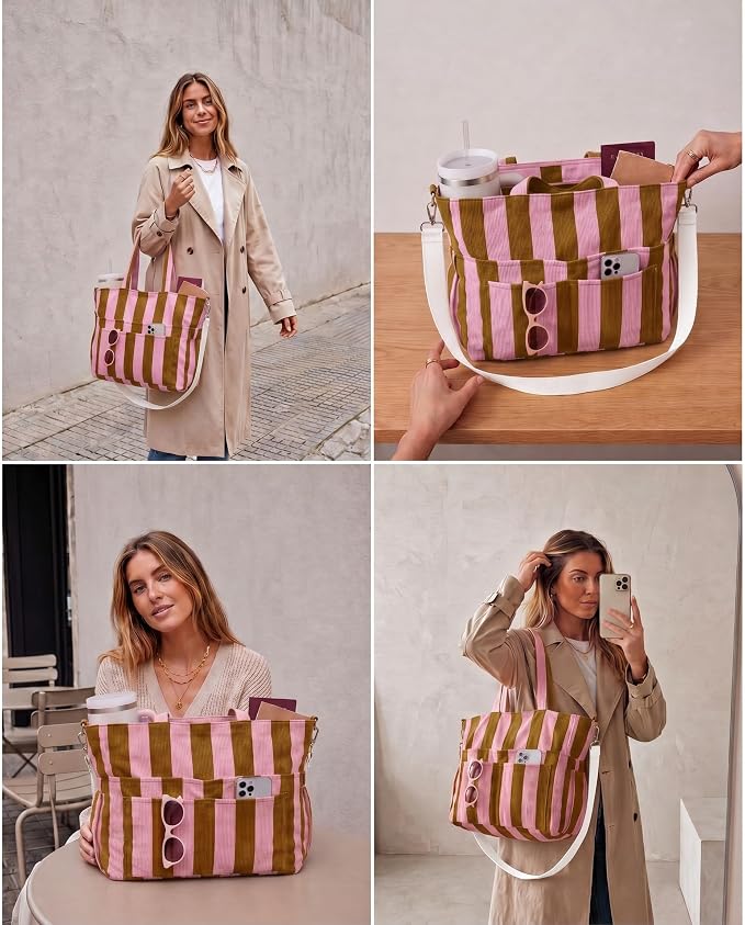 Kacctyen Striped Beach Tote Bag for Women Large Beach Foldable Tote Bag with Zipper Pockets for Travel Pool - Image 6