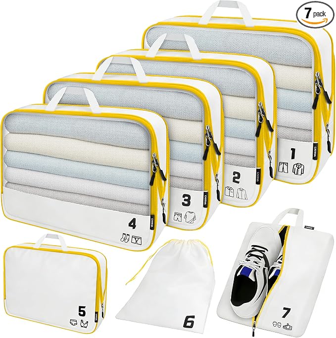 7 Set Compression Packing Cubes for Travel, Luggage Organizer Bags for Suitcases with Mesh Panels, Shoe Bag & Toiletry Bag for Carry On, Vacation & Cruise Essentials (White) by Carttiya