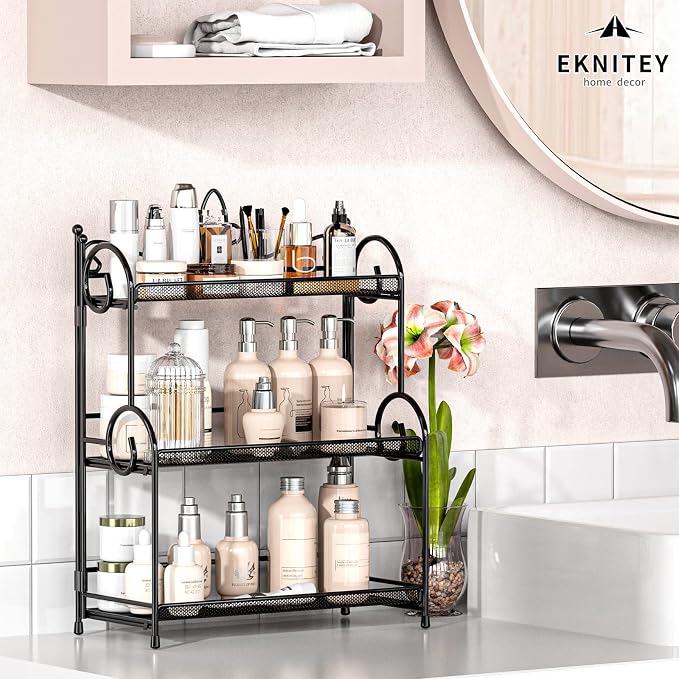 EKNITEY Bathroom Counter Organizer - 3 Tier Spice Rack(No Assembly) | Skincare Countertop Organizers, for Bathroom Kitchen Bedroom, Sturdy Metal Frame, Easy to Clean, Foldable, Black - Image 4