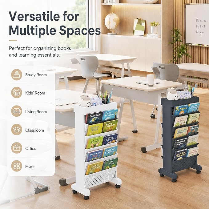 6-Tier Rolling Bookshelf Magazine Rack with Wheels White | Mobile Bookcase, Book Storage File Folder Organizer Cart for Home Study Office Living Room Classroom - Image 7