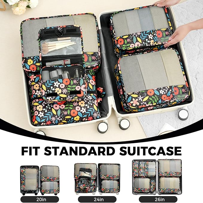 BAGAIL 9 Set Packing Cubes with Packing List Luggage Packing Organizers for Travel Accessories (Black floral) - Image 8