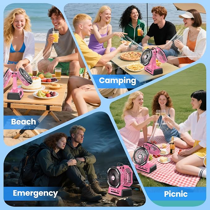 Dual Head Portable Rechargeable Fan 20000mAh Battery Powered Camping Fan Cordless with LED Lantern & Remote, Auto Oscillation, Hook, Battery Operated for Tent Office Travel Picnic Jobsite Pink - Image 7
