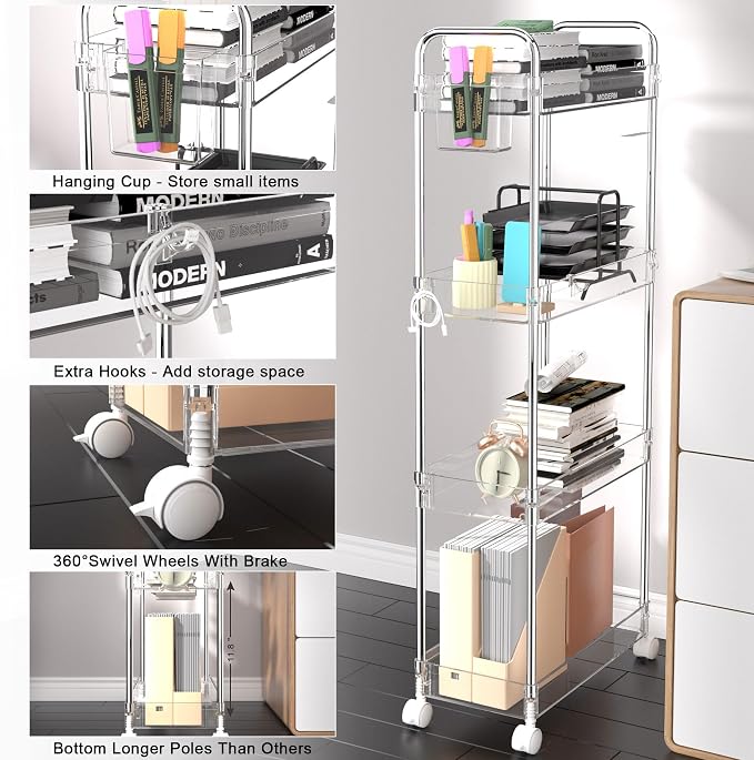 SPACEKEEPER Acrylic Storage Rolling Cart, 4 Tier Bathroom Cart Organizer | Clear Utility Cart for Laundry Room,Kitchen,Office,Bathroom, Transparency Storage Cart for Snack,Craft,Art,Makeup,Nail,Toys - Image 3