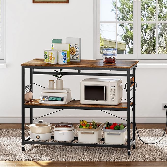 Kitchen Island with Power Outlet and Folding Top, Movable with 3-Tier Storage, Large Size, Wooden Shelves and Wine Rack, for Kitchen, Dining and Living Room, Rustic Brown and Black TZD02UBF - Image 3