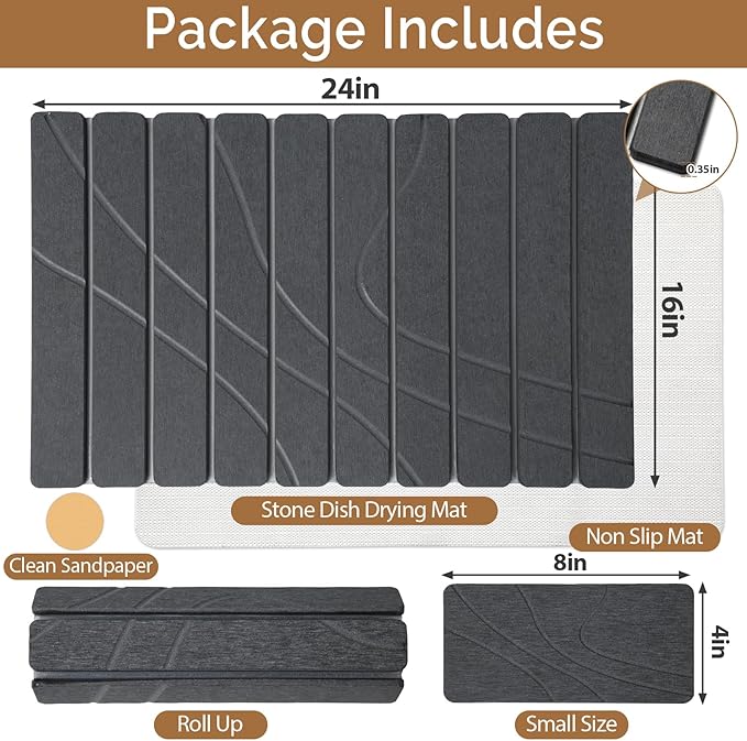 Large Stone Dish Drying Mat for Kitchen Counter,2 PCS Quick Dry Stone Mats,Foldable Water Absorbing Diatomaceous Drying Pad for Countertop Bottles Utensils Cups (Flow Line Dark Gray 24"x16" & 8"x4") - Image 2