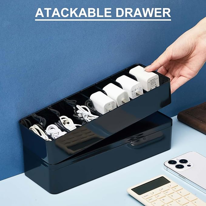 Tatuo 1 Pcs Cord Organizer for Drawer Desktop, Cable Organizer Box with 8 Compartments and Wire Ties, Plastic Charger Storage with Lid, Electronics Case for Home Office Accessories (Small,Black) - Image 3