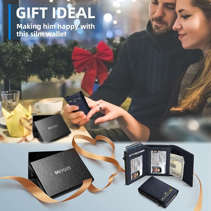 Wallet for Men,with Cash Pocket 2 ID Window 9-13 Cards,Metal Case Smart Slim Pop Up Credit Card Holder Flip with Magnetic Closure RFID Blocking Trifold wallet with Gift Box - Image 7
