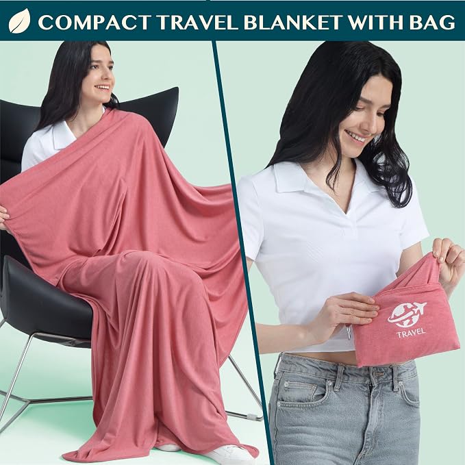 PAVILIA Soft Travel Blanket, Compact Airplane Blanket in Bag, Portable Blanket Pillow Set, Lightweight and Packable Plane Flight Car Trips Travel Home Office Gift Accessories, Pink, 65x40 inches - Image 2