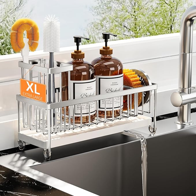 Cisily Sponge Holder for Kitchen Sink, Sink Caddy Organizer with High Brush Holder, Kitchen Countertop Organizers and Storage Essentials, Rustproof 304 Stainless Steel (Large Silver, 10.62″) by CISILYHOMELIFE