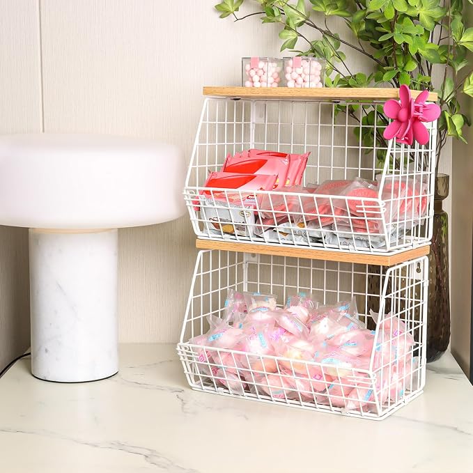 Mefirt Fruit Basket, 2-Tier Fruit Bowl for Kitchen Counter, Stackable Wall Mounted Fruit Storage, Snack Organizer, Potato and Onion Storage Basket, Hanging Pantry Storage with Wood Lid, 2 Set, White - Image 4
