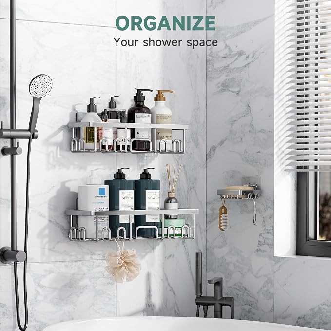 Veken Shower Caddy 3-Pack, Advanced Rustproof Design, No Drilling Adhesive Shelves, Rack with Soap Holder, Large Capacity Bathroom Organizers and Storage, Wall-Mounted Kitchen & Home Decor - Image 3