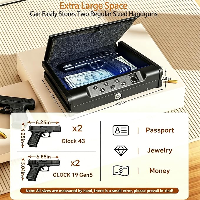 Biometric Fingerprint Handgun Safe, Small Nightstand Gun Lock Box with 3 Access Modes, 0.1s Quick Fingerprint Unlock & Voice Prompt, Heavy Steel Pistol Storage Box for Bedroom Home and Vehicle Use - Image 2