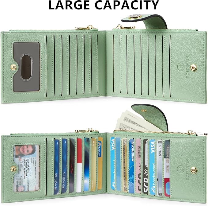 BOSTANTEN Leather Womens Wallet Large RFID Blocking Slim Card Holder | 16 Card Slots, 2 Zipper Pockets, Bifold, Long, Fits Most Purses, Organized Everyday Carry, Ladies Gifts, Green - Image 6