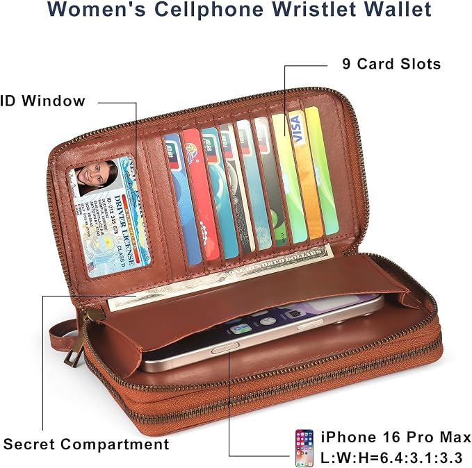 Double Zipper Wallet RFID Blocking Cellphone Wristlet for Women Large Capacity Multi Card Clutch Purse with Removable Strap, Grey Linen Brown - Image 3