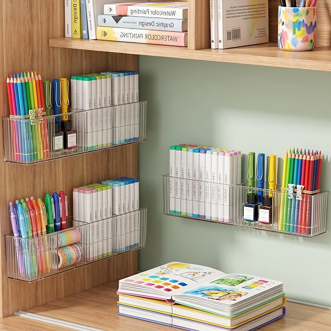 4 Pack Wall Mounted Organizer with 8 Hooks, Acrylic Wall Organizer Clear Floating Shelves for Bathroom, Office, Kitchen, No Drill Adhesive Storage for Makeup, Markers, Coffee Supplies, Remote Controls - Image 6