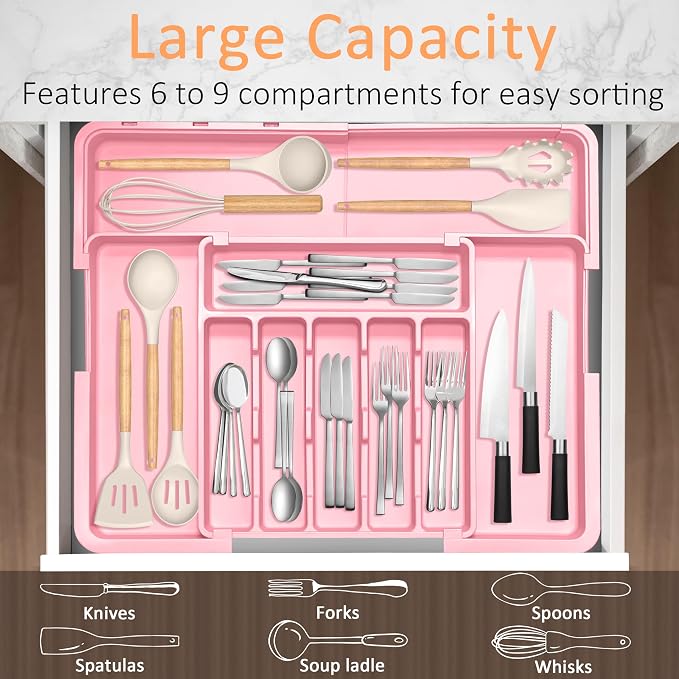 Silverware Organizer Expandable Kitchen Utensil Drawer Organizer Large BPA Free Adjustable Cutlery Silverware Tray for Spoons Forks Knives Storage Divider for Kitchen Flatware 6-9 Slots Pink - Image 3