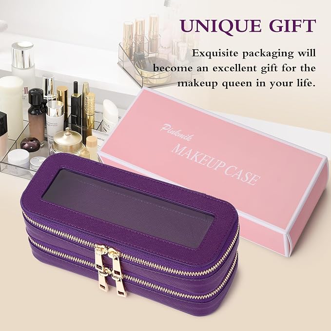 Pinkmik Double Layer Makeup Bag, D.Purple | Makeup Brush Case, Waterproof, Travel Cosmetic & Toiletry Organizer, Car Essentials for Women - Image 7