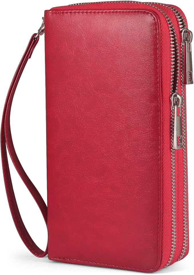 Women’s Wallet for Cell Phone Anti Theft Wristlet Bag with Strap RFID Blocking Double Zipper, Red by HAWEE