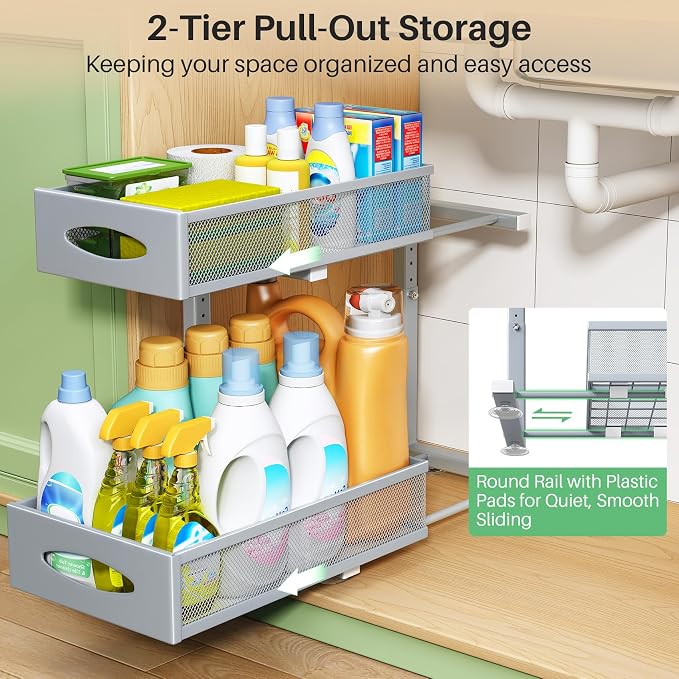 2 Pack Under Sink Organizer, 2 Tier Pull out Cabinet Organizer Mesh Baskets with 5 Adjustable Heights, Sliding Drawers Storage Shelf for Home, Kitchen, Bathroom, Pantry, Office, Countertop ,Grey - Image 3