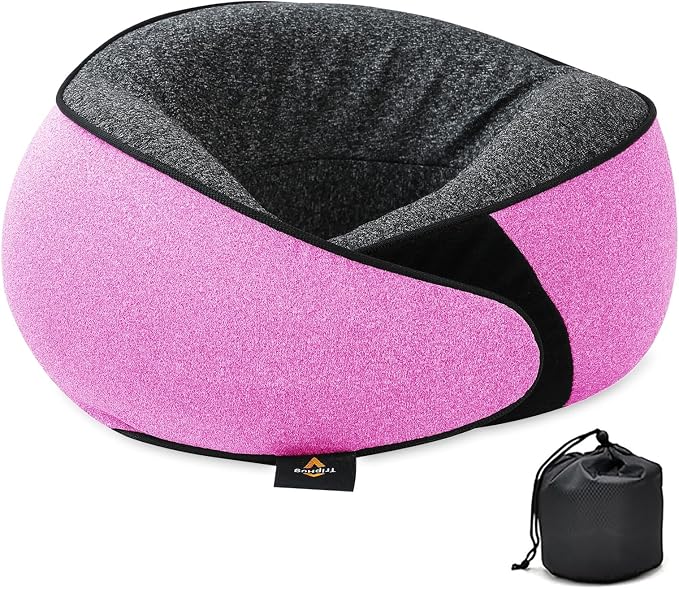 Travel Neck Pillow | Memory Foam Neck Pillow, New Portable U-Shaped Pillow with Neck Support, Washable Cover, Compact for Plane, Office, Bus, Train, Sofa, Nap–Includes Storage Bag - Pink by Triphug