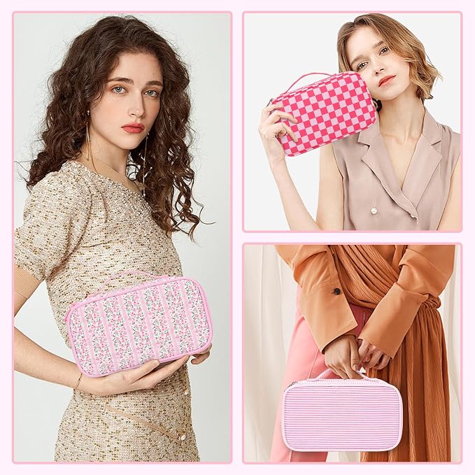 Relavel Cute Makeup Bag for Girls, Portable Pink Cosmetic Bag | Dual-layer Makeup Pouch with Brush Holder, Multi-Functional Preppy Toiletry Organizer for Travel, Daily Use - Pink Flower - Image 5