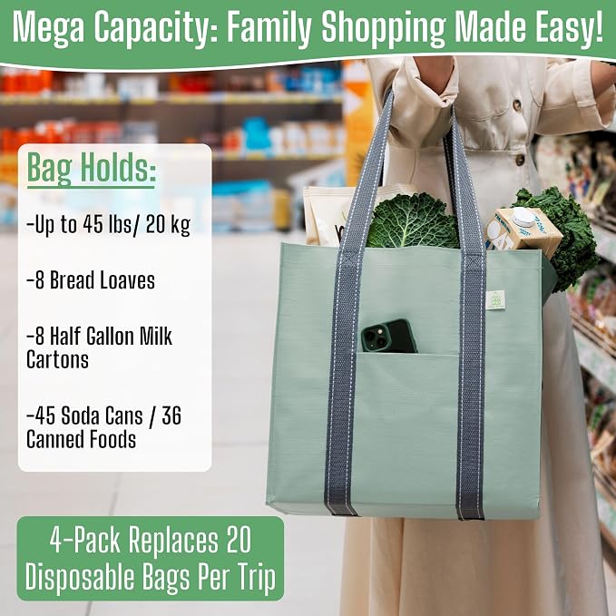 VENO 4 Pack Large Grocery Bag Reusable Shopping Bags with Hard Bottom | Utility Tote with Reinforced Handles, Heavy Duty, Foldable, Stand Upright, for Groceries Shopping Cart Storage(Green, 4 Pack) - Image 5