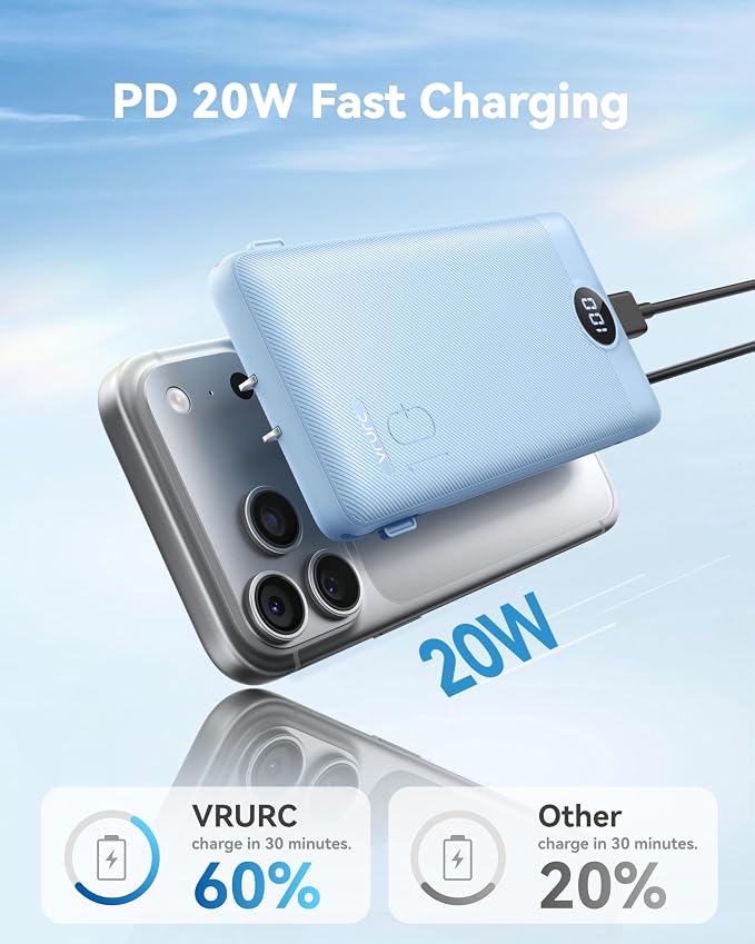 VRURC 10000mAh Portable Charger with Built-in Cables and AC Plug, Blue | 22.5W fast charge, LED display, Micro, USB-C and Phone cables, 4 outputs, 8 oz, airline approved - Image 3